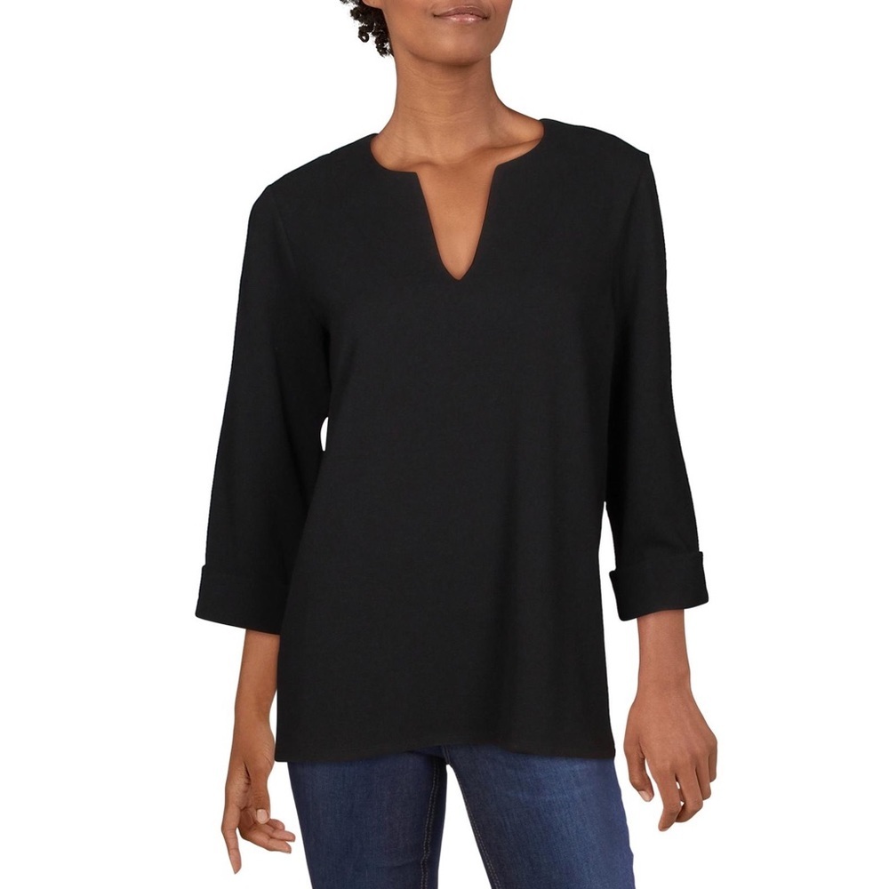 Vince Camuto Textured Split Neckline Tunic Top in Black